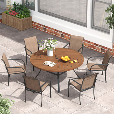 Ensemble repas d'extérieur pour patio - table ronde de 47 po avec trou pour parasol et 6 chaises empilables