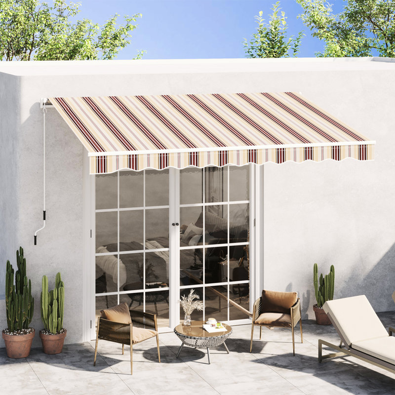 Auvent de terrasse rétractable 13 pi x 8 pi avec toile et cadre en aluminium, manivelle manuelle, rayures rouges pour terrasse de balcon