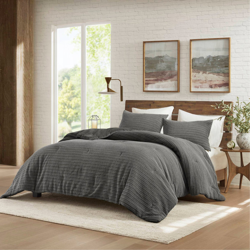 Ensemble d'édredon 3 pièces gaufré, Gris anthracite, Édredon double et 2 taies décoratives
