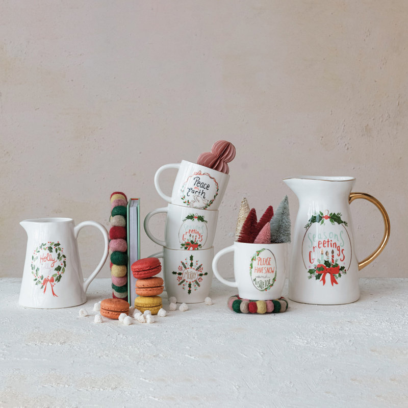 Round Hand-Painted Stoneware Mug with 4 Various Holiday Sayings