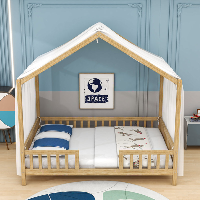 House Bed With Slats And Safety Railings, Natural, Full
