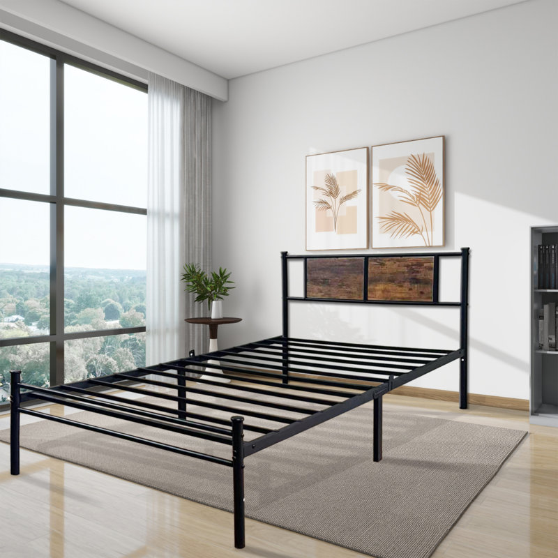 Structure de lit simple avec tête et pied de lit en bois, support de lattes en métal robuste pour plateforme de lit simple, aucun sommier requis, assemblage facile