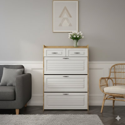 Armoire à chaussures avec finition blanche et chêne avec trois portes et deux tiroirs, offrant beaucoup d'espace de rangement