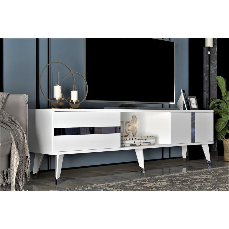 Meuble télé blanc Catena 100% mélamine, panneau de particules 59,1 po x 11,8 po x 29,2 po Catena | Élégants accents argentés | Conception durable et fonctionnelle pour le salon, le centre de divertissement et l'assemblage facile