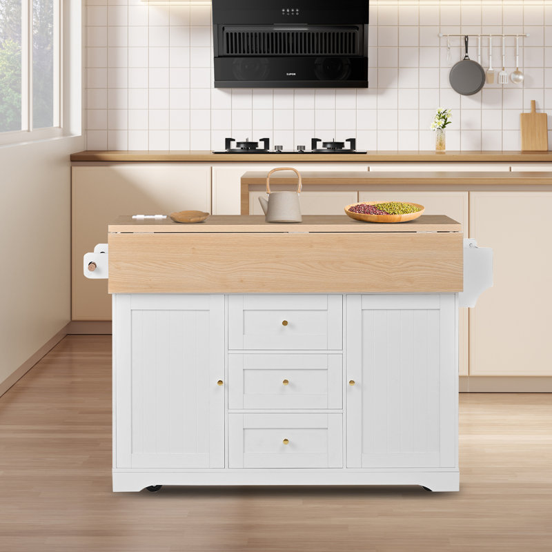 Chariot multifonctionnel pour îlot de cuisine avec prise électrique, comptoir extensible, 5 roues, finition bois blanc et clair