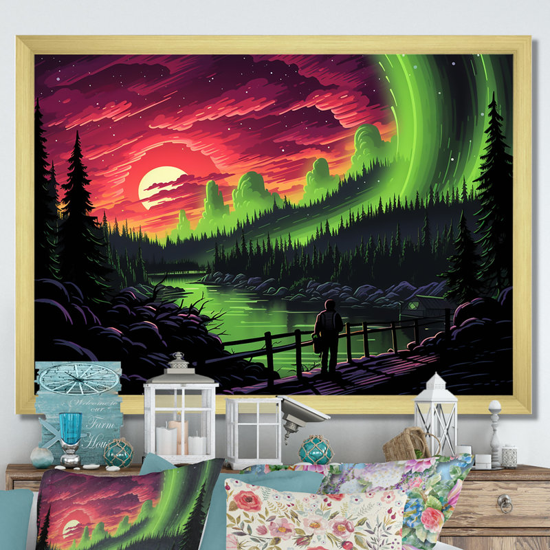 «Canadian Boreal Ballet 1 - Northern Lights», art mural, Cadre doré à coins fermés, H 34 po x l 44 po x P 1,5 po