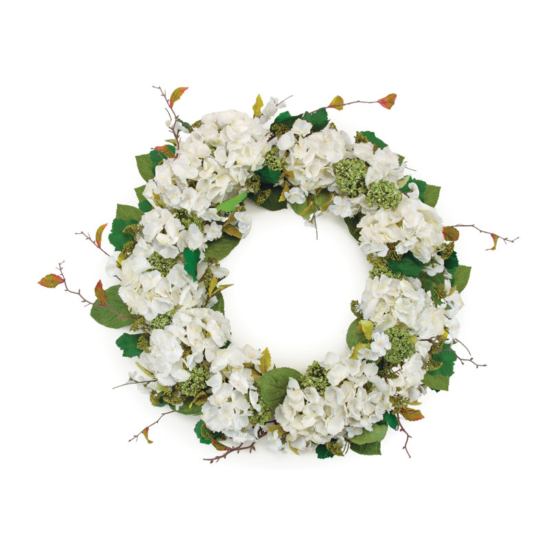 Hydrangea and Seedum Floral Wreath, 22'' W X 22'' H X 7.45'' D, White, Green