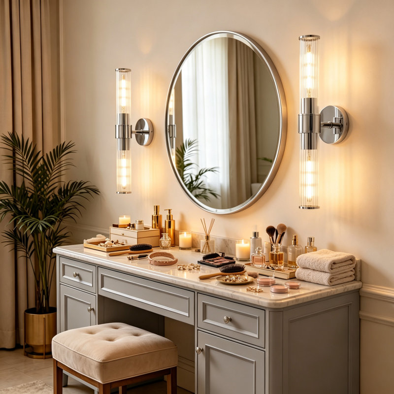 Almetta 2 - Applique murale de salle de bain chromée à intensité variable avec abat-jour en verre rayé, luminaires de bar pour salle de bain