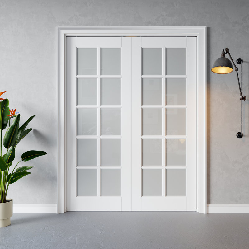 Sliding  Pocket Door 10-Lite Frosted Glass White Primed  With Hardware Kit, 72" x 80"