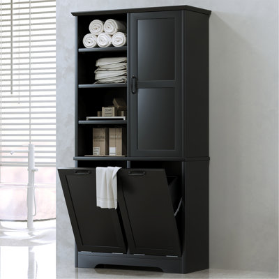 Armoire de rangement pour salle de bain avec portes et tiroirs, panier à linge inclinable, plusieurs espaces de rangement, style autoportant, tablette ouverte, tablette réglable, noir
