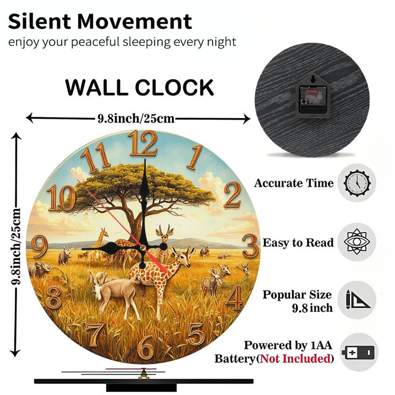 Horloge murale safari, girafe, savane africaine
