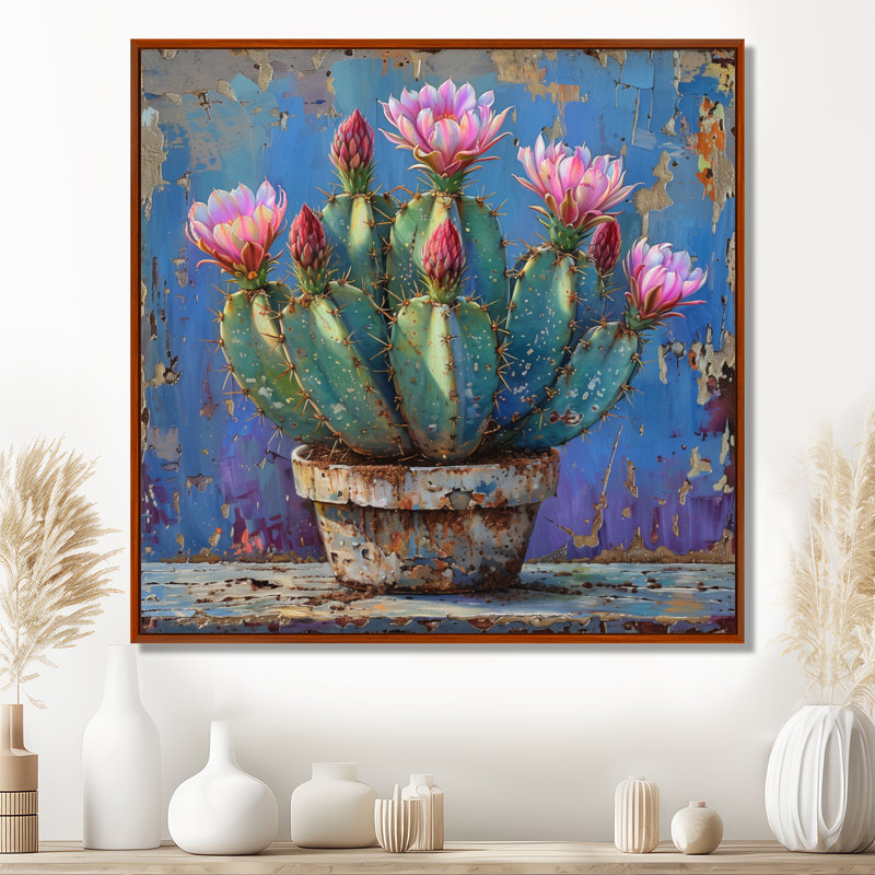 Cactus rose en poterie du désert - impression d'art mural cactus floral, H 16 po x l 16 po x P 1 po