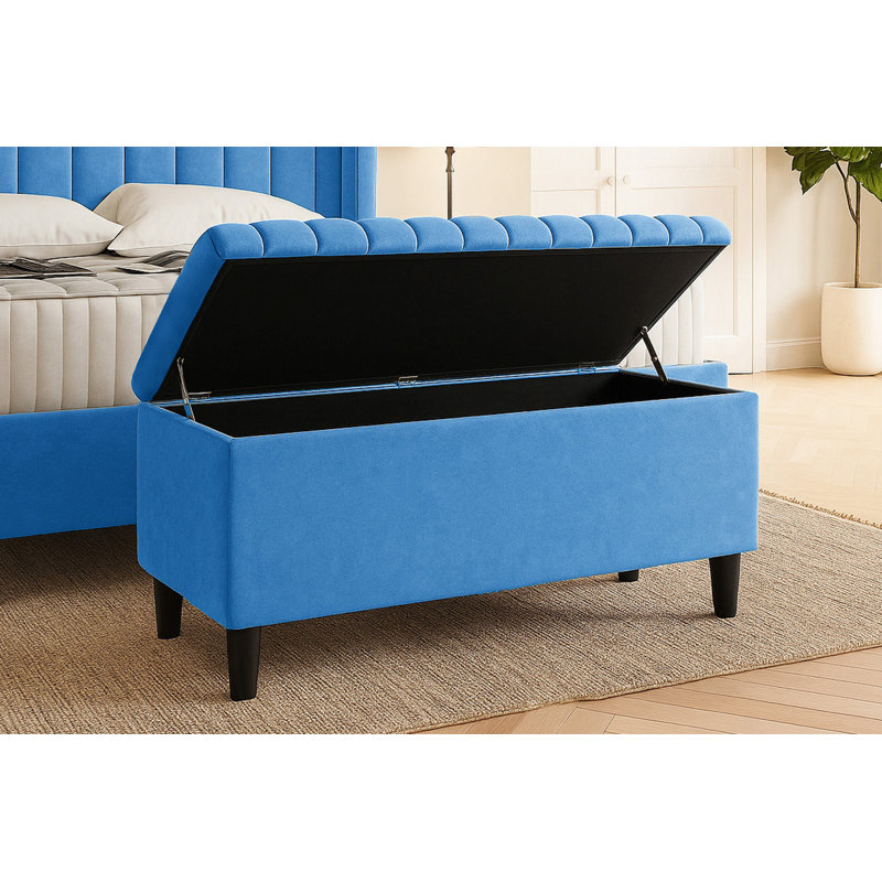 Plush Velvet Lined Upholstered Ottoman Storage Box with Wooden Legs, 45cm H X 137cm W X 40cm D, Duck Egg