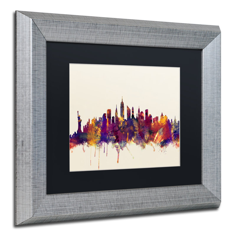 "new york city horizon" , impression encadrée, H 11 po x l 14 po x P 0,5 po, Blanc, Encadrement argenté