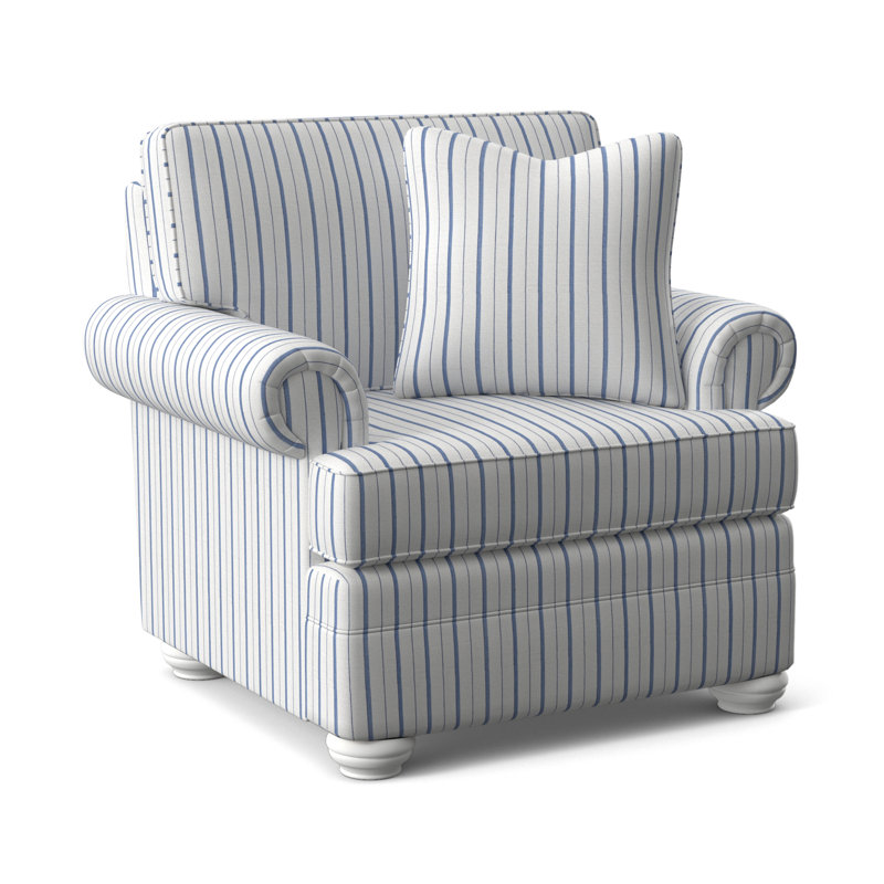 Fauteuil de 38 po de large Bradbury, Finition blanc givré, Rayures bleues / beiges 0209-61