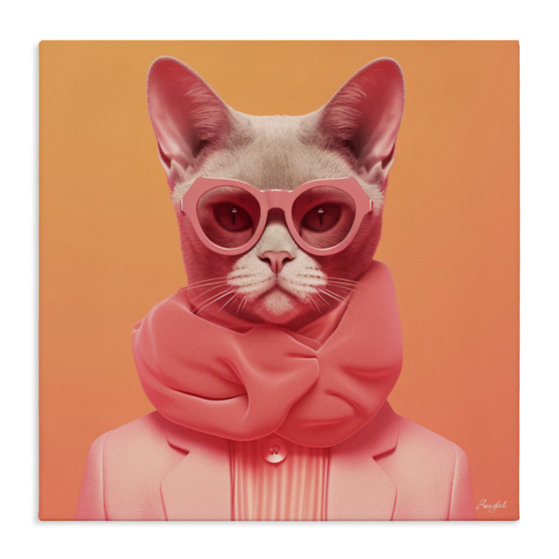 Chat rétro sur toile orange, design par Roozbeh, H 17 po x l 17 po