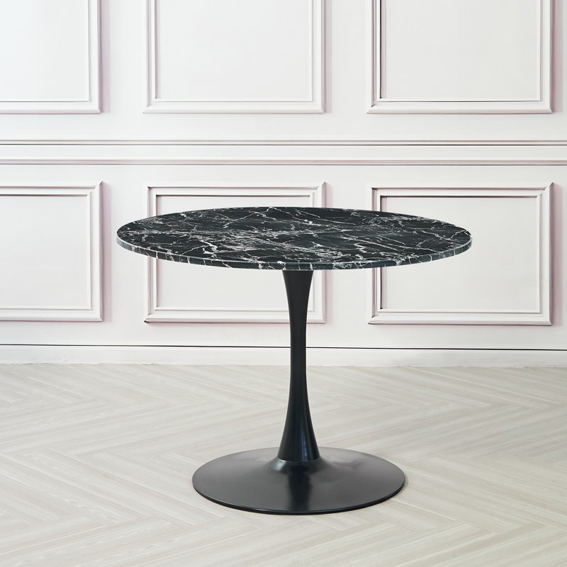 Killion 100 Cm Pedestal Engineered Marble Dining Table, Gold, Black, 75" H x 100" W x 100" D