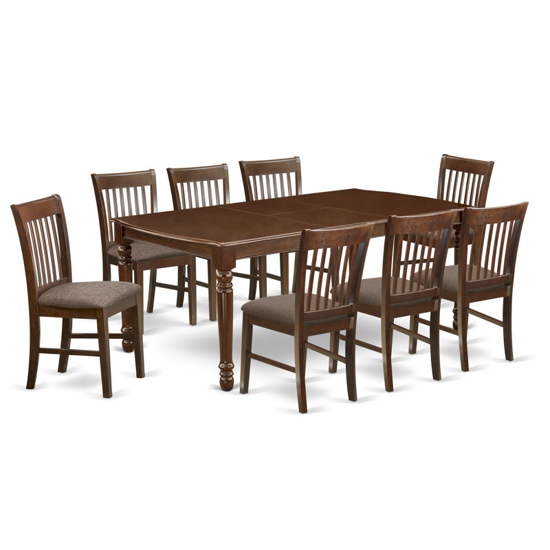9 Piece Dining Table Set Includes a Rectangle Dining Room Table with Butterfly Leaf and 8 Linen Fabric Upholstered Chairs, 42x78 Inch, Mahogany