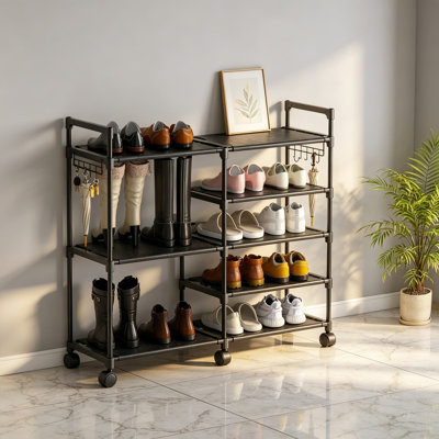 Range-chaussures à 5 niveaux avec roulettes, grande tablette de rangement à chaussures pour placard, vestibule ou garage, peut contenir 16 à 18 paires, facile à déplacer avec des roulettes verrouillables