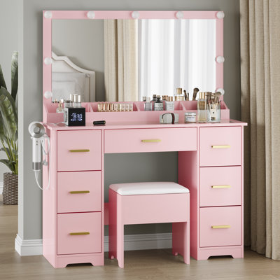 Bureau de coiffeuse avec miroir rectangulaire et lumières, table de coiffeuse avec station de charge