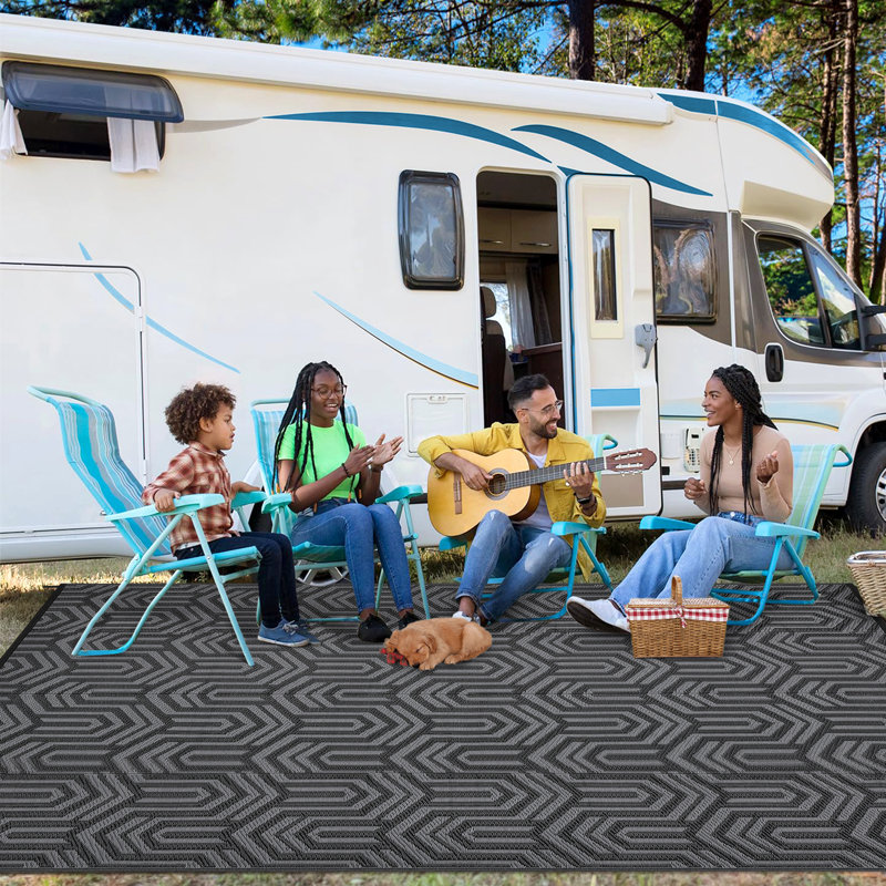 Reversible & Collapsible Outdoor Plastic Area Rug - Modern Abstract Low-Pile Carpet, Mark Resistant, Easy Clean for Patio, Camping, Picnic, RV
