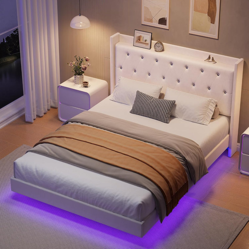 Cadre de lit, cadre de lit double rembourré avec tête de lit capitonnée en cristal, lumières DEL et tablettes de rangement, lit plateforme en métal robuste et silencieux