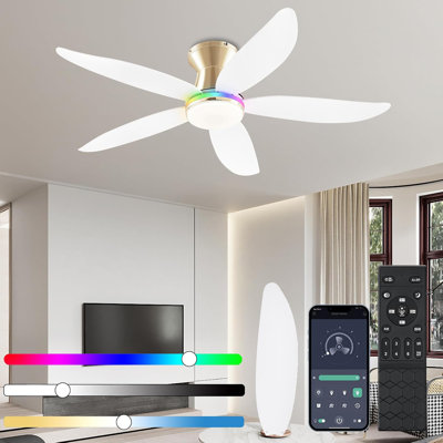 Ventilateur de plafond avec lumière, ventilateurs de plafond à profil bas RVB de 48 po avec lumières et télécommande, à intensité variable, moteur réversible à courant continu, silencieux, ventilateur de plafond encastré à 6 vitesses pour la ch