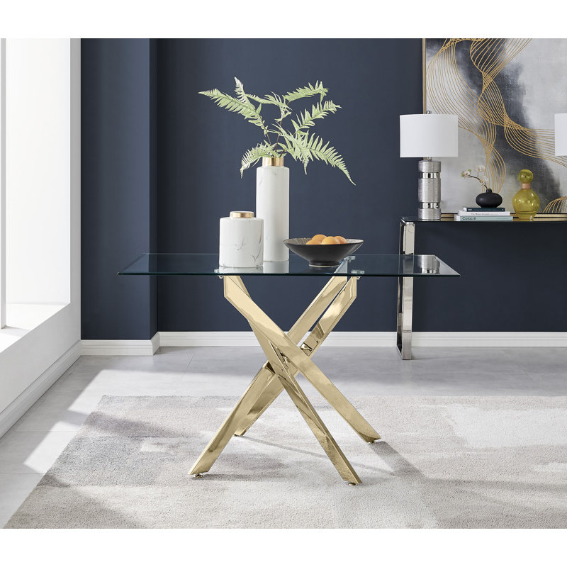 Lenworth Luxury Rectangular Dining Table in Glass and Chrome Metal - Modern Statement Design, 75H x 120W x 70D, Gold