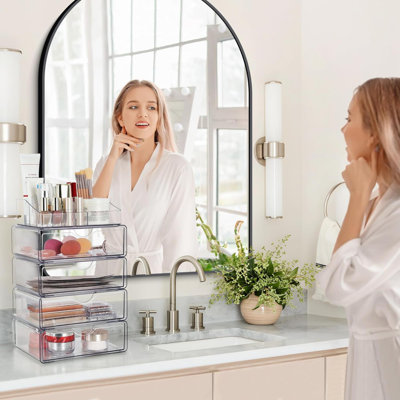 Organisateur de maquillage transparent à 3 niveaux avec tiroir, rangement pour cosmétiques pour le comptoir de la commode et le meuble-lavabo, porte-beauté pour brosse à rouge à lèvres