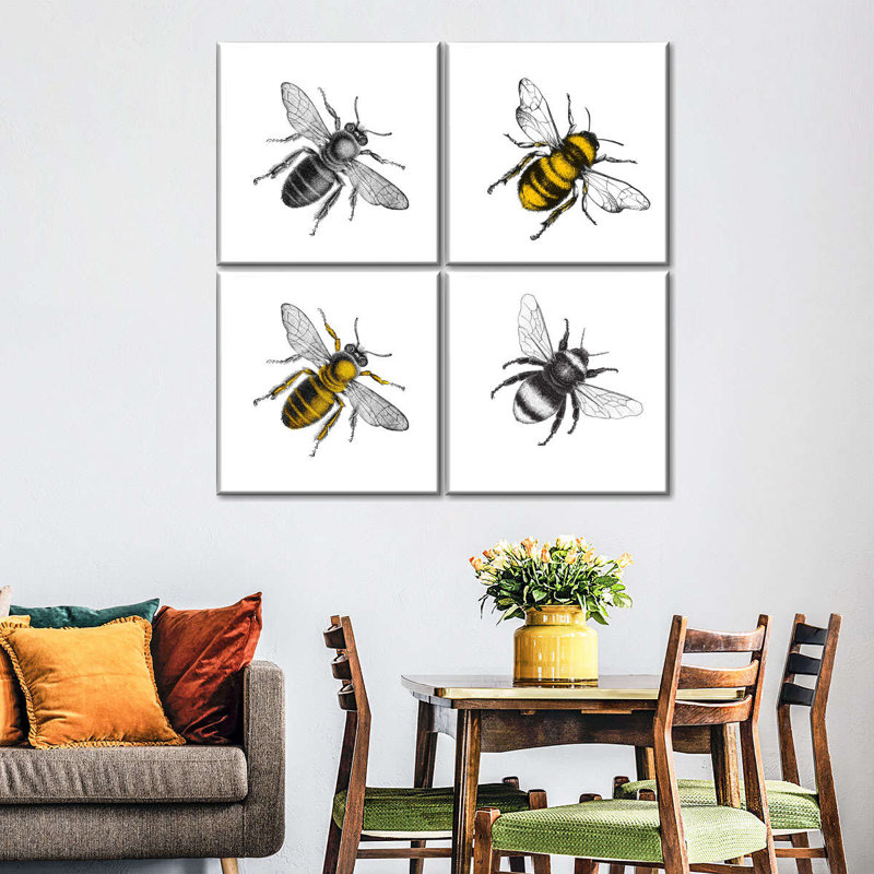 Quatre abeilles, reproduction d'art sur toile, H 18 po x l 18 po