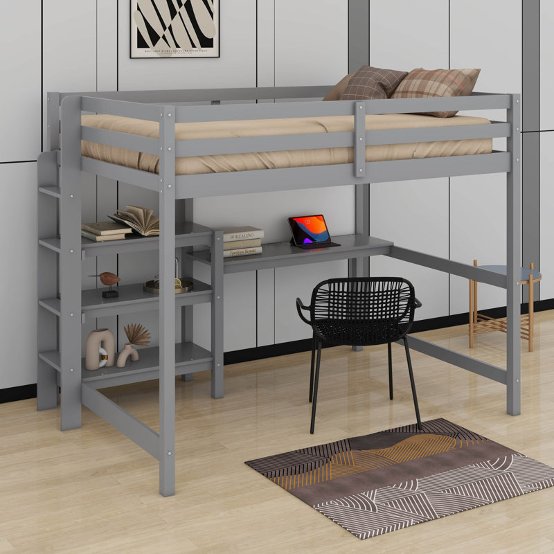 Lit mezzanine simple en bois avec tablettes, bureau et tableau d'écriture, gris