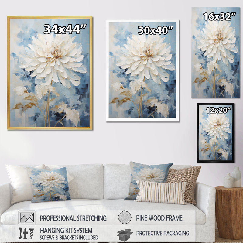 Fleur de dahlia blanc et bleu minimalisme II - imprimé, Cadre simple blanc, H 44 po x l 34 po x P 1,5 po