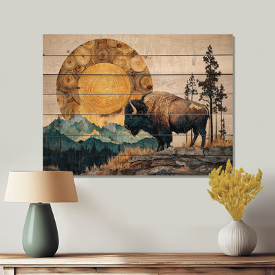 American Bison Into The Woods I - Buffalo Animal Wood Wall Art - On Natural Pine Wood