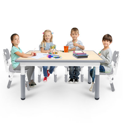 Kids Table and 4 Chairs Set, HDPE Plastic Children's Furniture with Height Adjustable, Toddler Table Set for Classroom, Nursery and Home, Easy to Clean, 120 x 60 cm