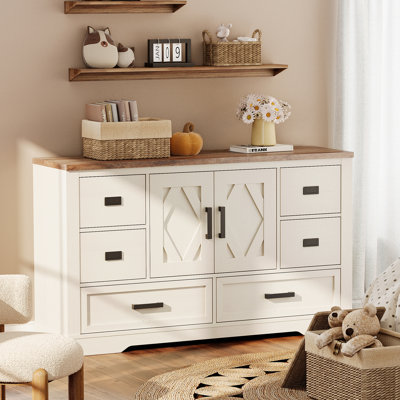 Glenford 54" Wide Modern Farmhouse Wooden Dresser With Adjustable-Shelf-Cabinet And 6 Drawers For Teenagers by Winston Porter