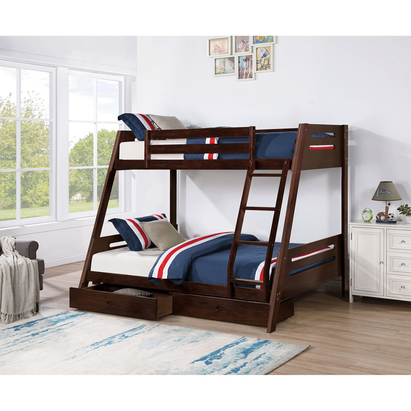 Transitional Twin Over Full Bunk Bed In Hue, Solid Wood Constitution, Reversible Angled , Underbed Drawers, Slat Design, Rails, Joint, Easy Assembly Operation Style, Full, Upper Insert & Lock,