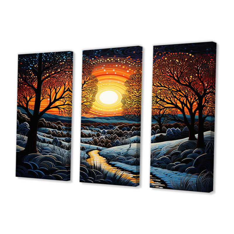 Coucher de soleil dans la forêt d'hiver de Noël - ensemble de décoration murale paysage abstrait, Toile tendue
