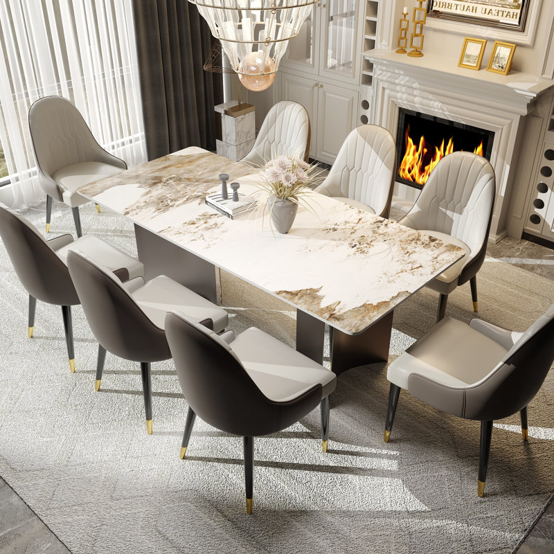 Table de salle à manger pour 6 à 8 personnes, avec plateau rectangulaire en pierre frittée et base en acier gris acier