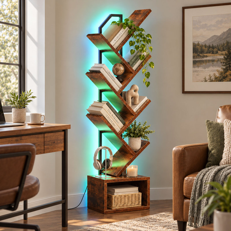Bibliothèque en forme d'arbre à 6 niveaux avec éclairage DEL RVB et rangement intégré, bois vintage