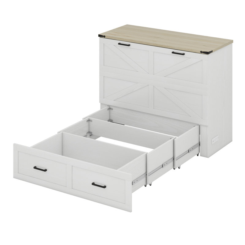 Lit plateforme pliable avec station de charge et grand tiroir de rangement, Blanc