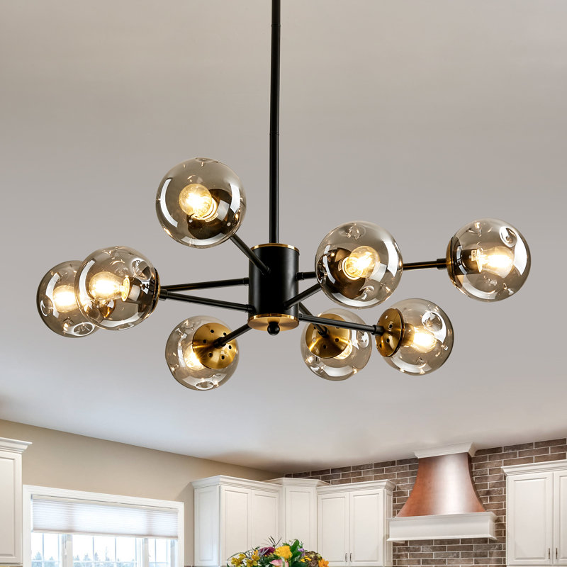 Lustre en forme de globe spoutnik à 8 lumières avec détails en verre soufflé à la main Azria