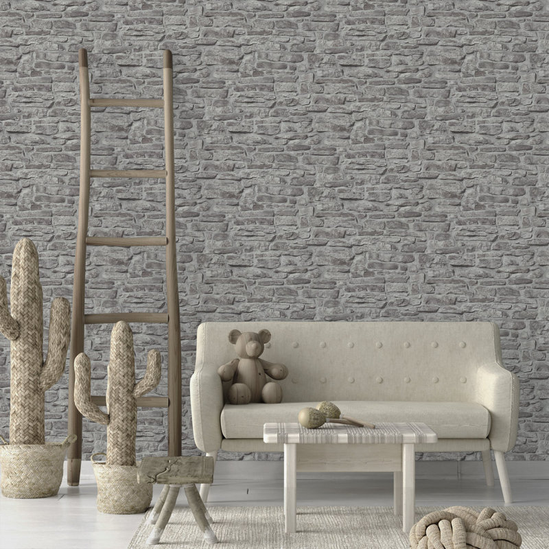 The Bricks and More Stone Symphony Motif 10.05m x 53cm Matte Wallpaper Roll, Grey