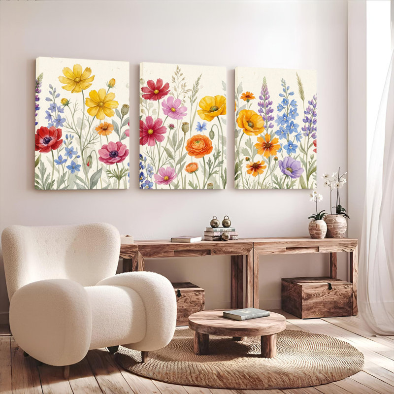 Ensemble de 3 tableaux sur toile à motifs floraux pour la décoration du salon, H 30 po x l 60 po