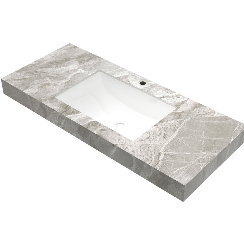 Comptoir en pierre frittée grise et en céramique 48 ", avec comptoir Scratch -, avec trou de trop-plein rectangulaire pour prévenir les fuites