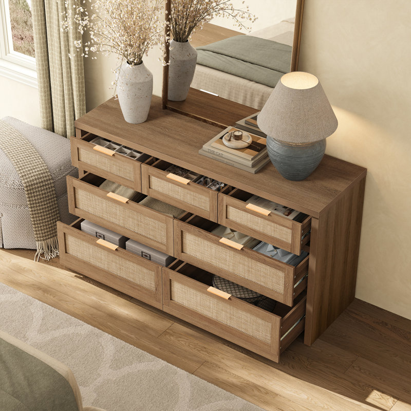 Chada 56.88" W Bohemian Rattan 7-Drawer Dresser With Ample Storage, Caramel Oak