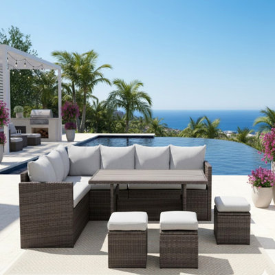 Canapé modulaire d'extérieur en osier 7 pièces 7 pièces avec coussins et repose-pieds gris