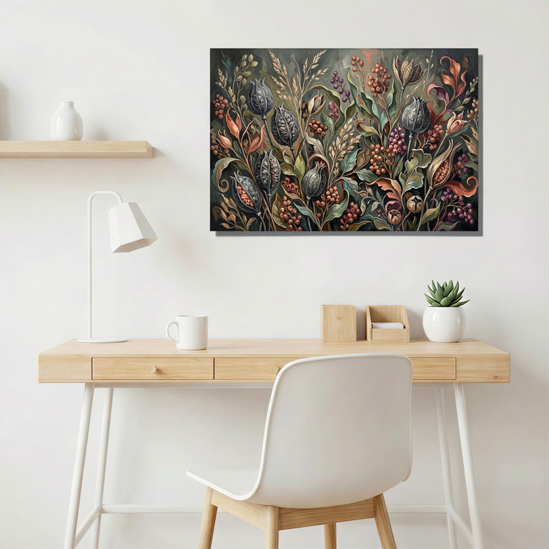 Toile grise grise et baies mauves dans des tons terreux, art mural, 12"H x 18"W
