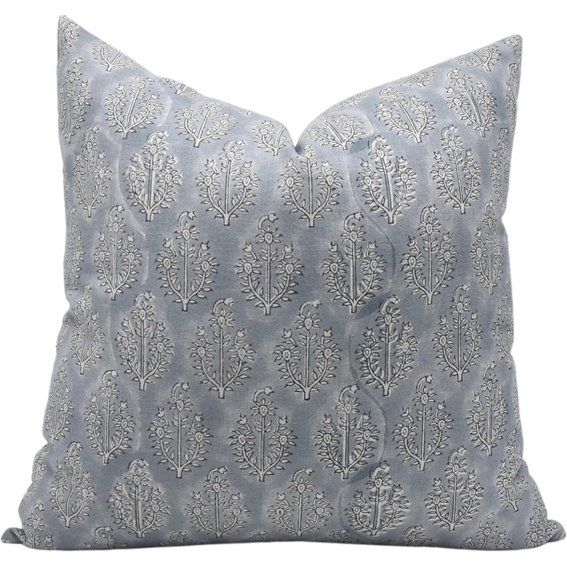 Handmade Light Gray Linen Block Print Throw Pillow Cover, 14x14