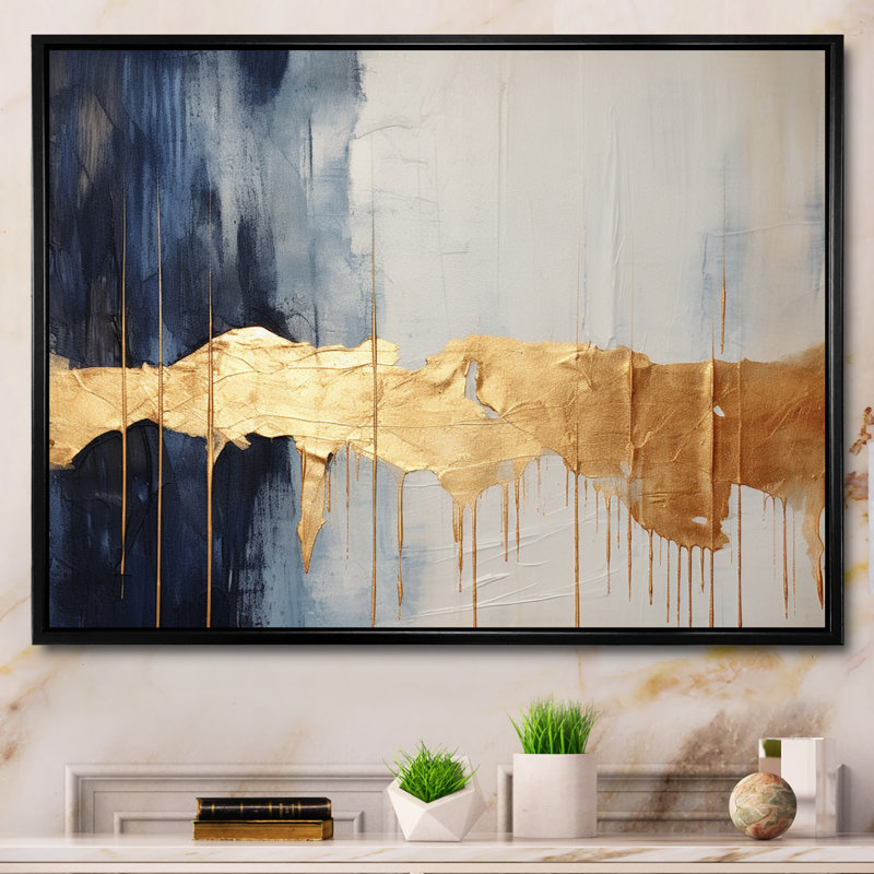 Waves Of Joy Minimal Nova - bleu et or I - peinture abstraite, art mural, H 30 po x l 40 po x P 1,5 po, Cadre flottant noir