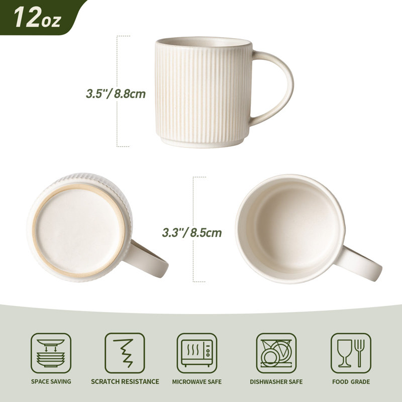 Ensemble de 6 tasses en grès 6 pièces, blanc mat, 12 oz, Blanc mat